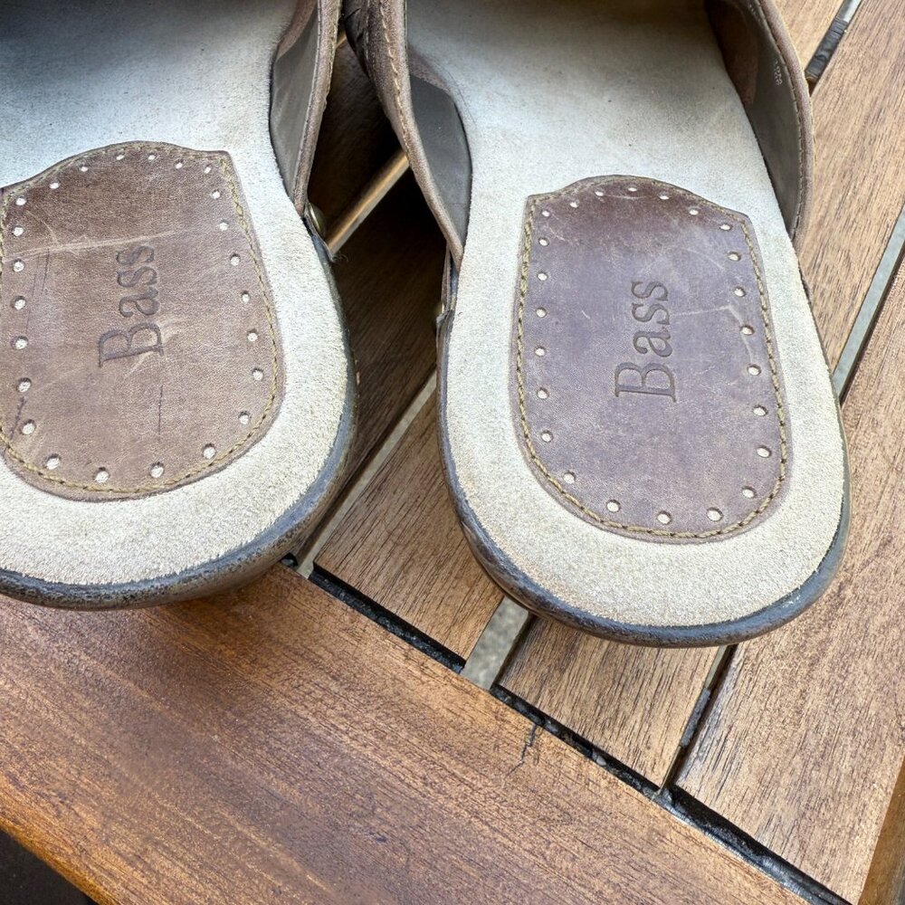 Brown Woven Leather Bass Clogs With Wooden Soles & Brass Studs Size 10 - Picture 5 of 8